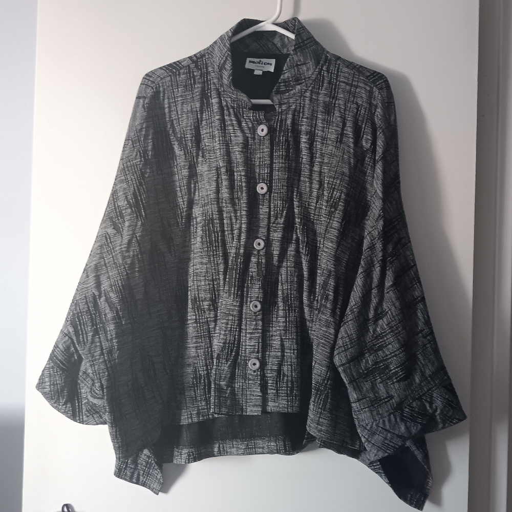 MOTION Black + White Cross Hatch Print Lagenlook Jacket L/XL
